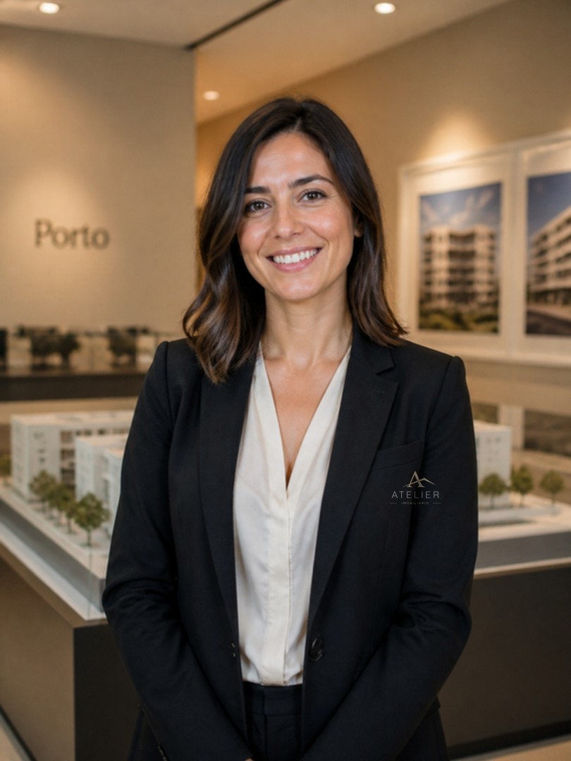 Joana, consultora digital, de blazer preto com a logo do Atelier Imobiliário