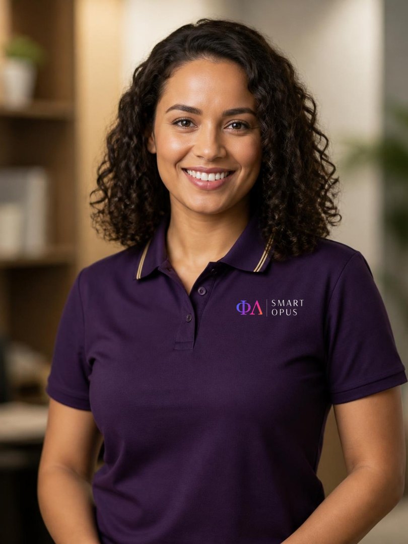 Sofia, funcionária digital da Smart Opus, de polo roxo com a logo da Smart Opus